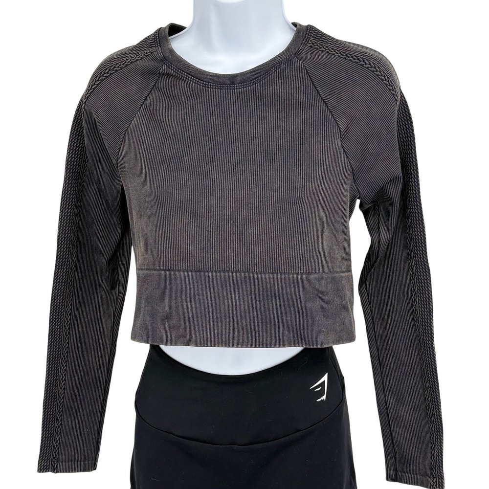 OFFLINE by Aerie Crop Top Women LG Gray Acid Wash Seamless Long Sleeve Big Chill